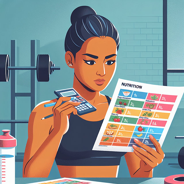 athlete calculating energy needs with calculator and nutrition chart