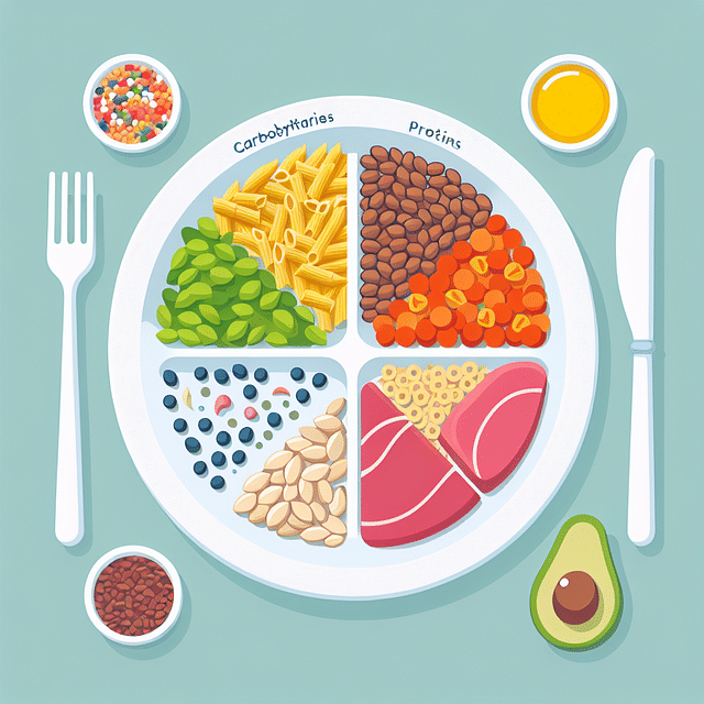 balanced plate of carbohydrates, proteins, and fats