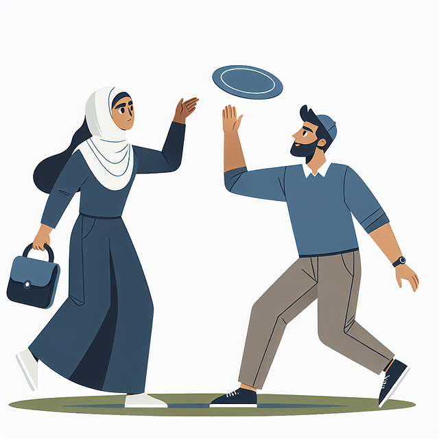 two people throwing a frisbee back and forth