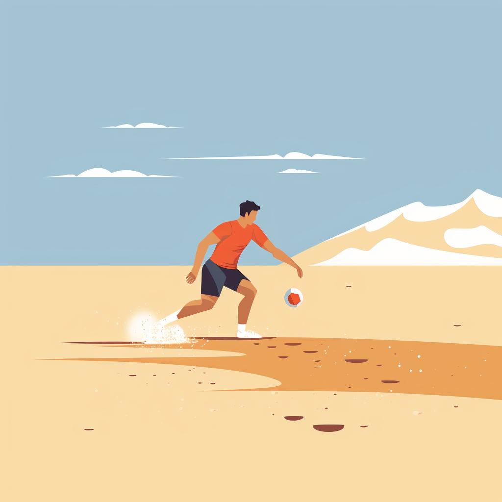 A player practicing throws on the beach, focusing on their footing in the sand