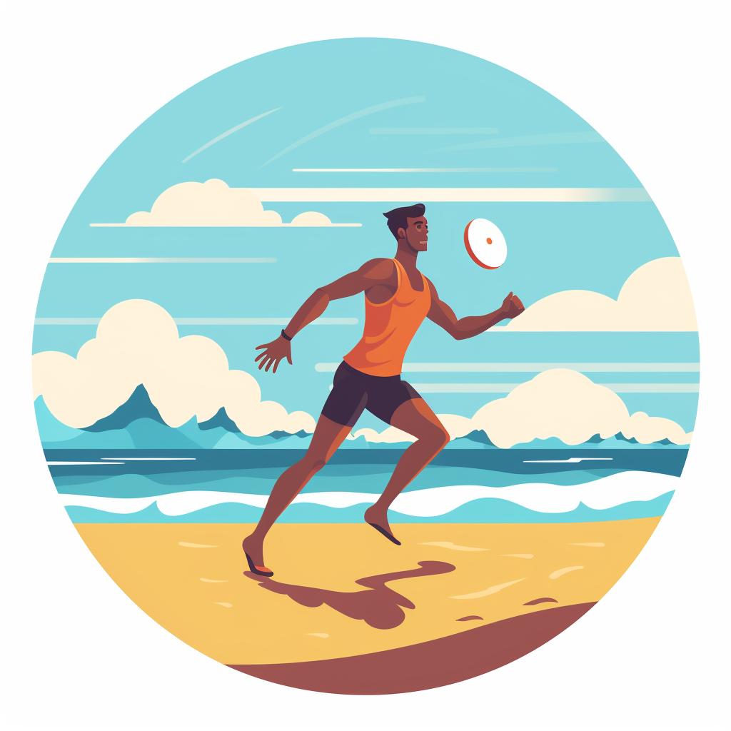 A player on the beach demonstrating a backhand throw with a Frisbee