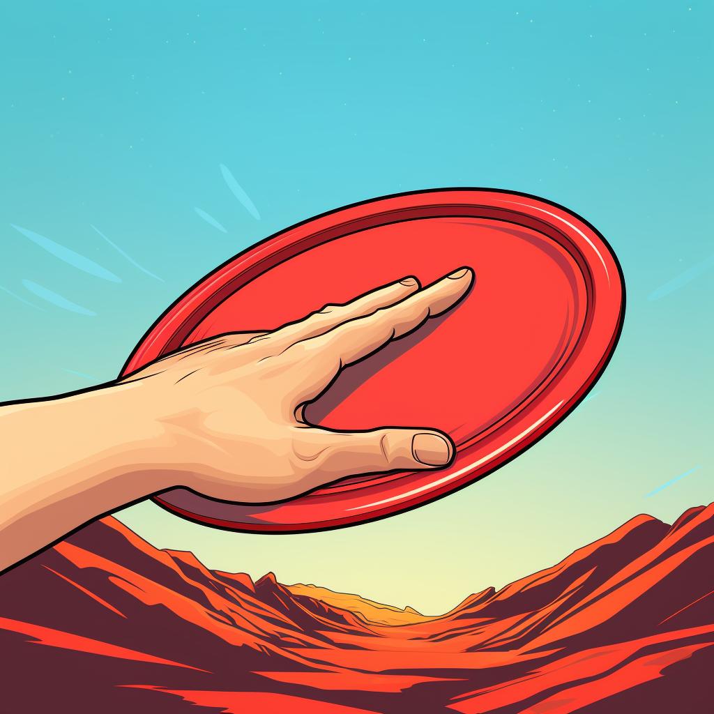 An index finger positioned along the rim of the frisbee disc
